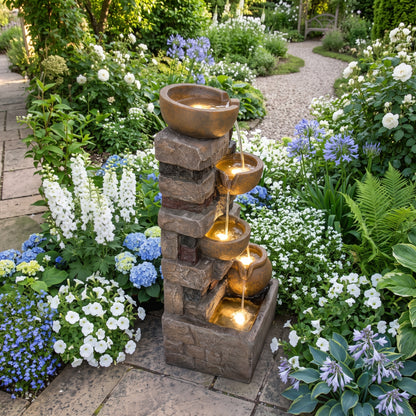 28-Inch Garden Weathered Rock Water Feature | Five-Level Spilling Illuminated Aquascape