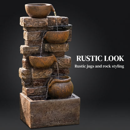28-Inch Garden Weathered Rock Water Feature | Five-Level Spilling Illuminated Aquascape