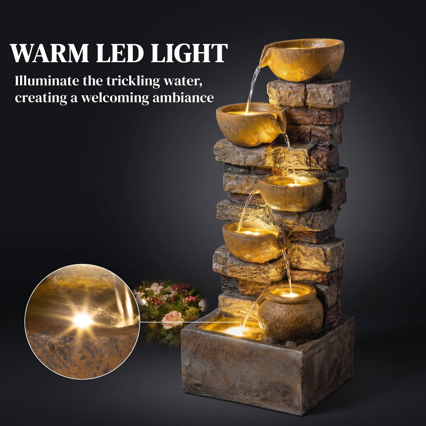 28-Inch Garden Weathered Rock Water Feature | Five-Level Spilling Illuminated Aquascape