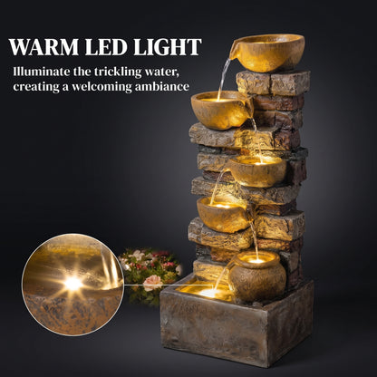28-Inch Garden Weathered Rock Water Feature | Five-Level Spilling Illuminated Aquascape
