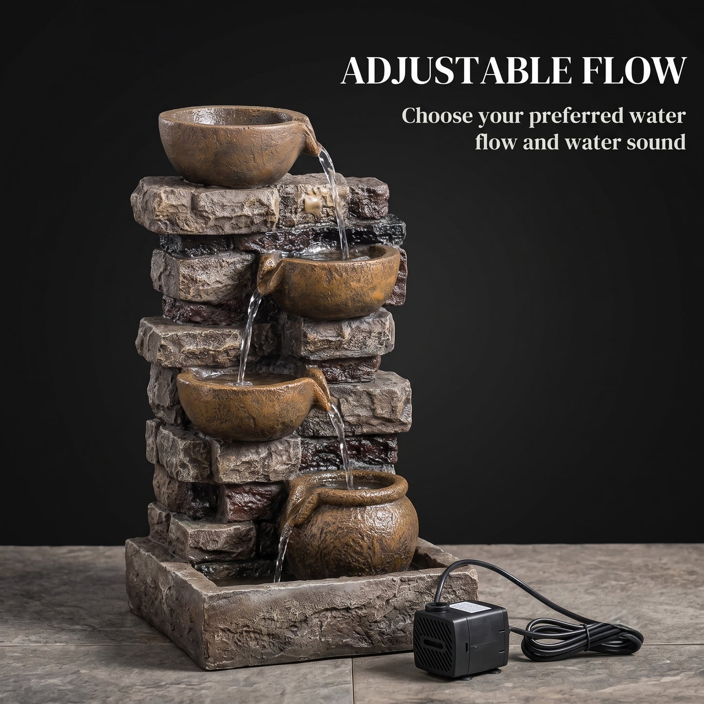 28-Inch Garden Weathered Rock Water Feature | Five-Level Spilling Illuminated Aquascape