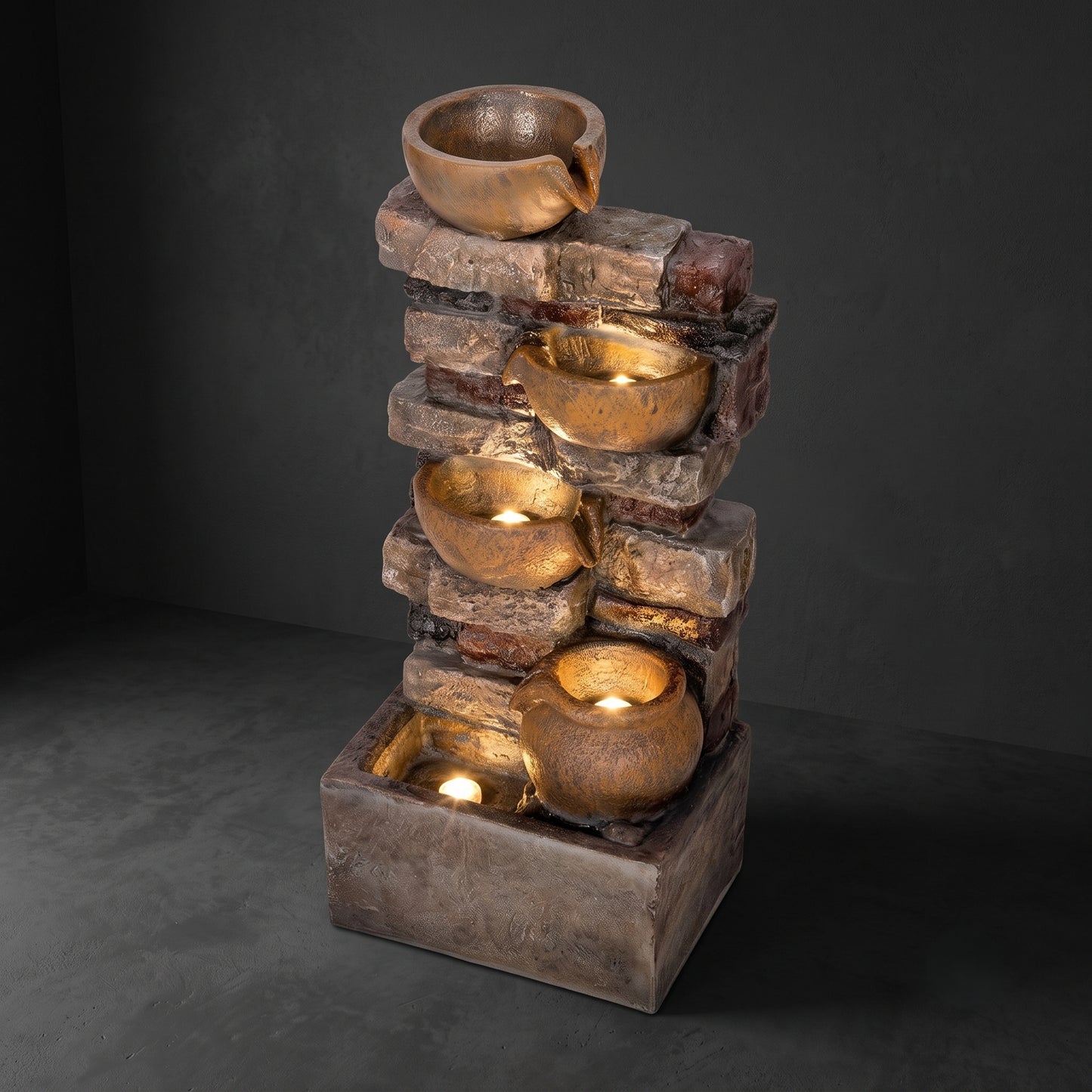 28-Inch Garden Weathered Rock Water Feature | Five-Level Spilling Illuminated Aquascape