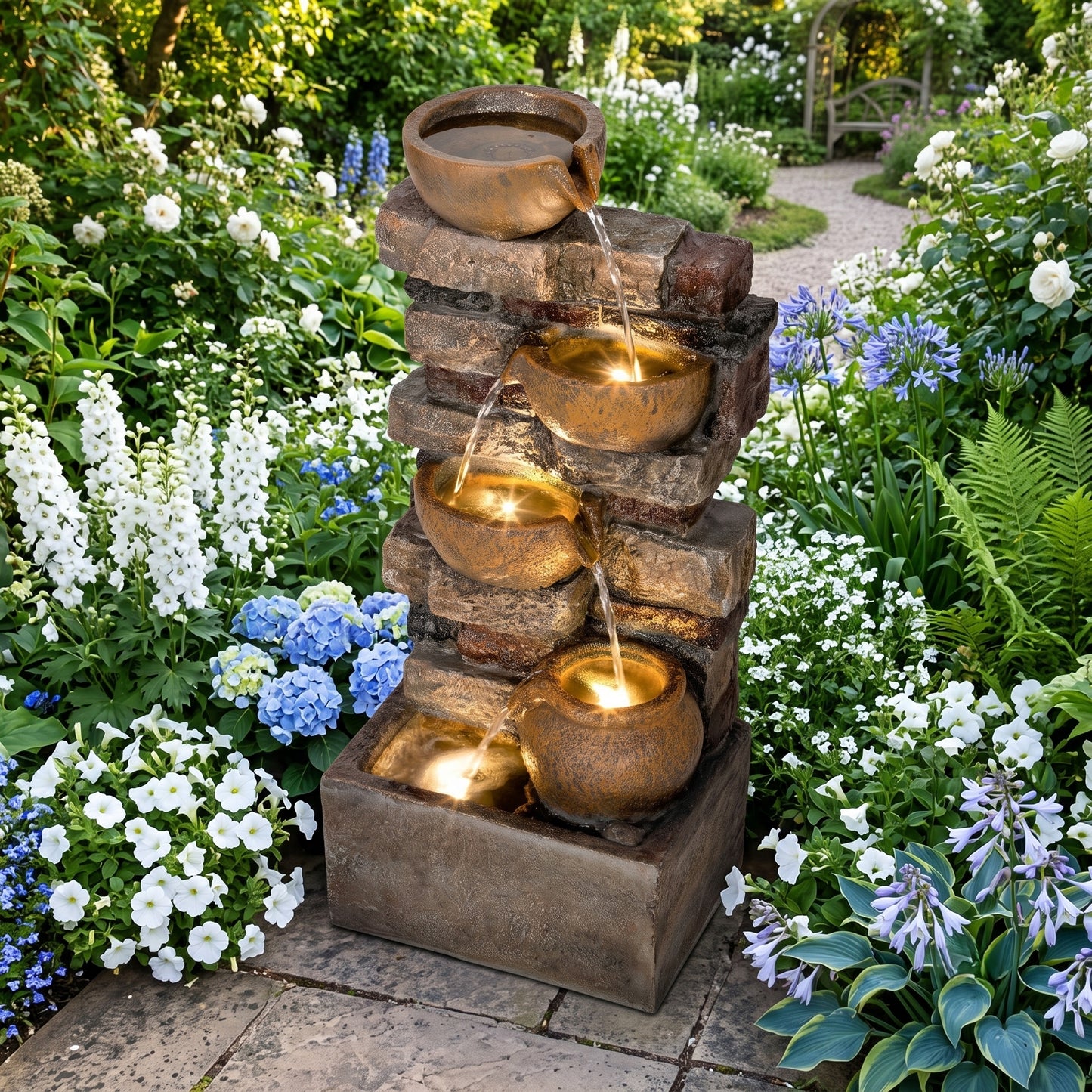28-Inch Garden Weathered Rock Water Feature | Five-Level Spilling Illuminated Aquascape