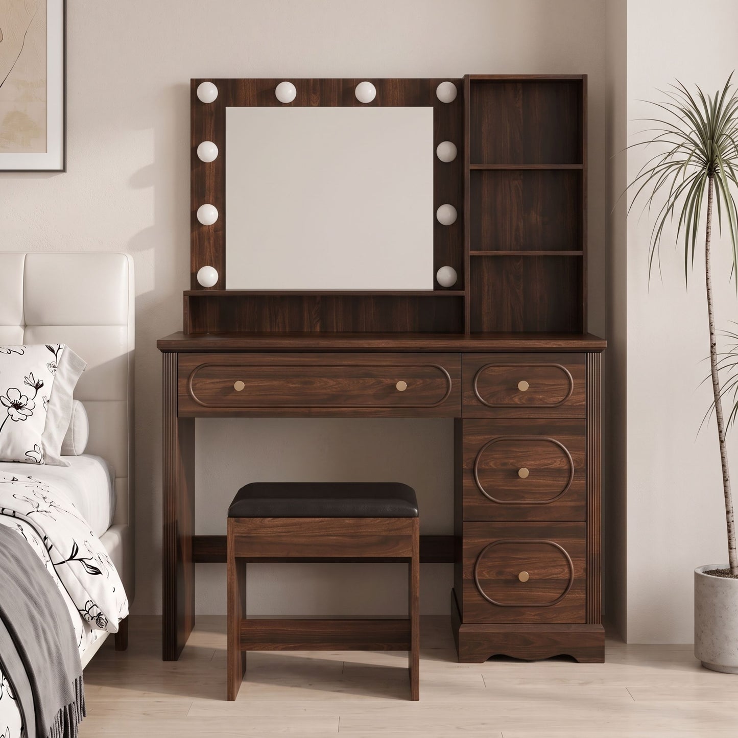 Brown Vanity Desk with Lighted Mirror, Charging Station & Stool