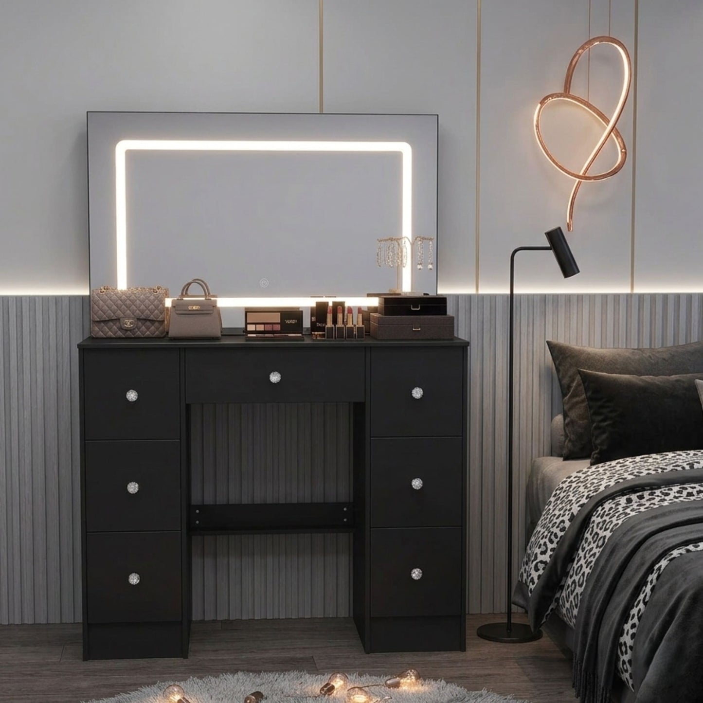 Large Black 7-Drawer Vanity Dressing Table