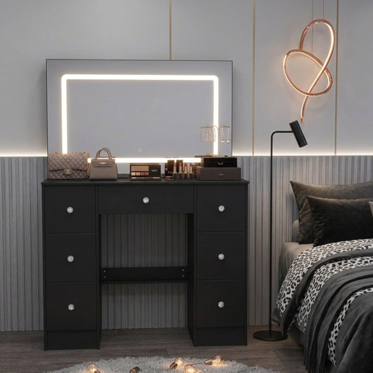Large Black 7-Drawer Vanity Dressing Table