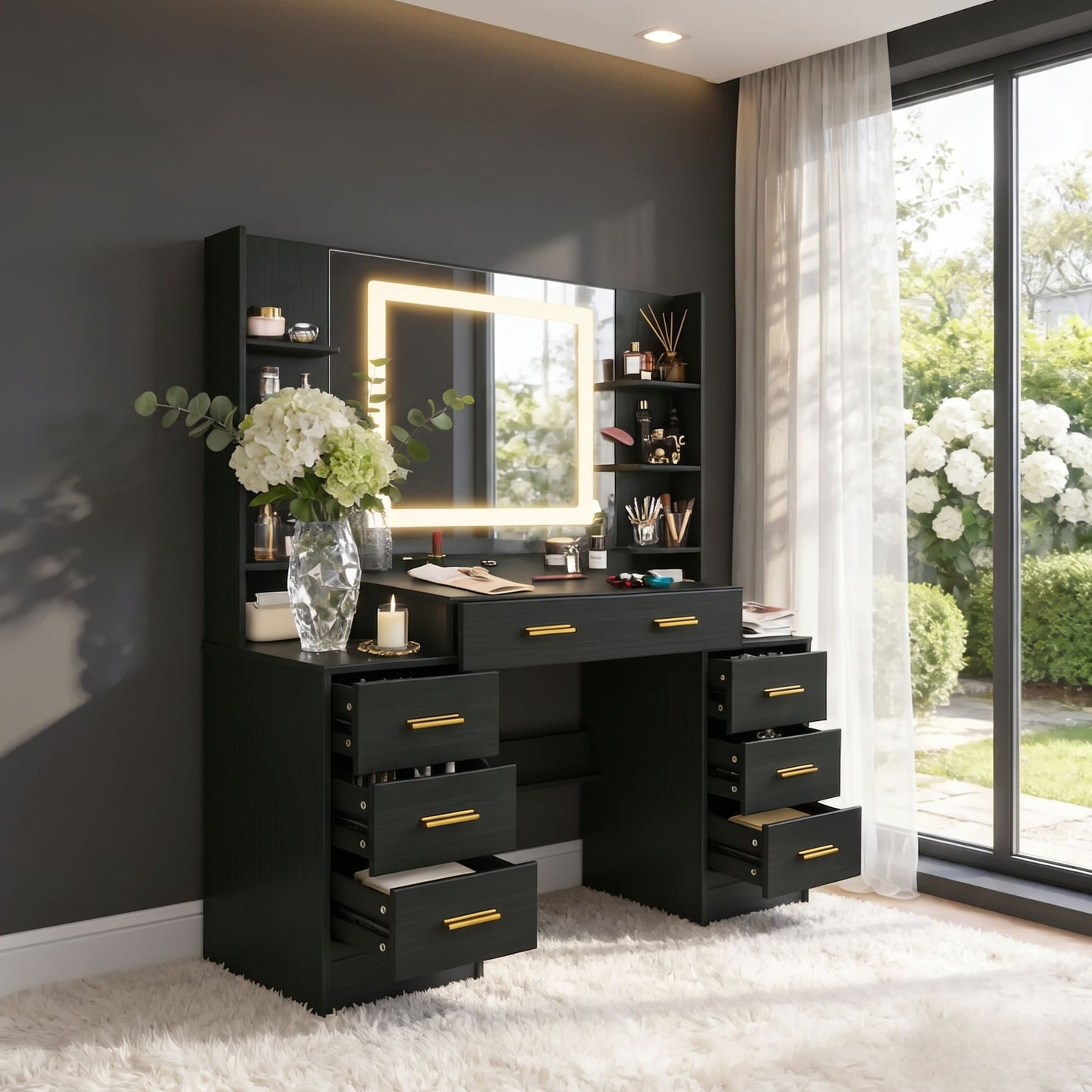 Modern Black Makeup Vanity Desk with 3-Color Dimmable LED Mirror & 7 Drawers