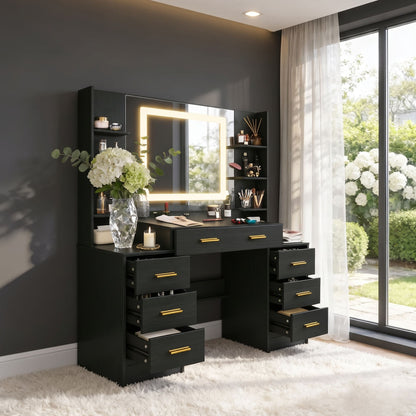 Modern Black Makeup Vanity Desk with 3-Color Dimmable LED Mirror & 7 Drawers