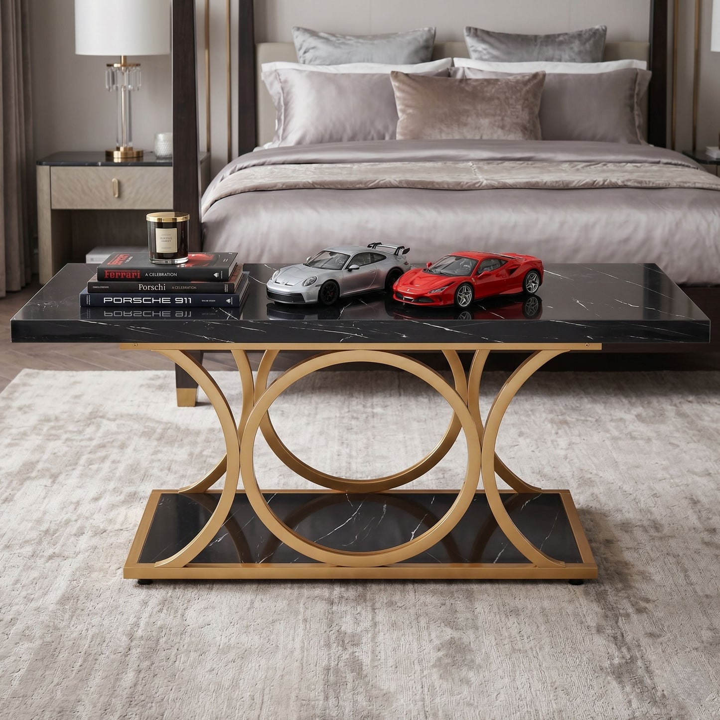 47-Inch Modern Faux Marble Coffee Table with Gold Metal Legs