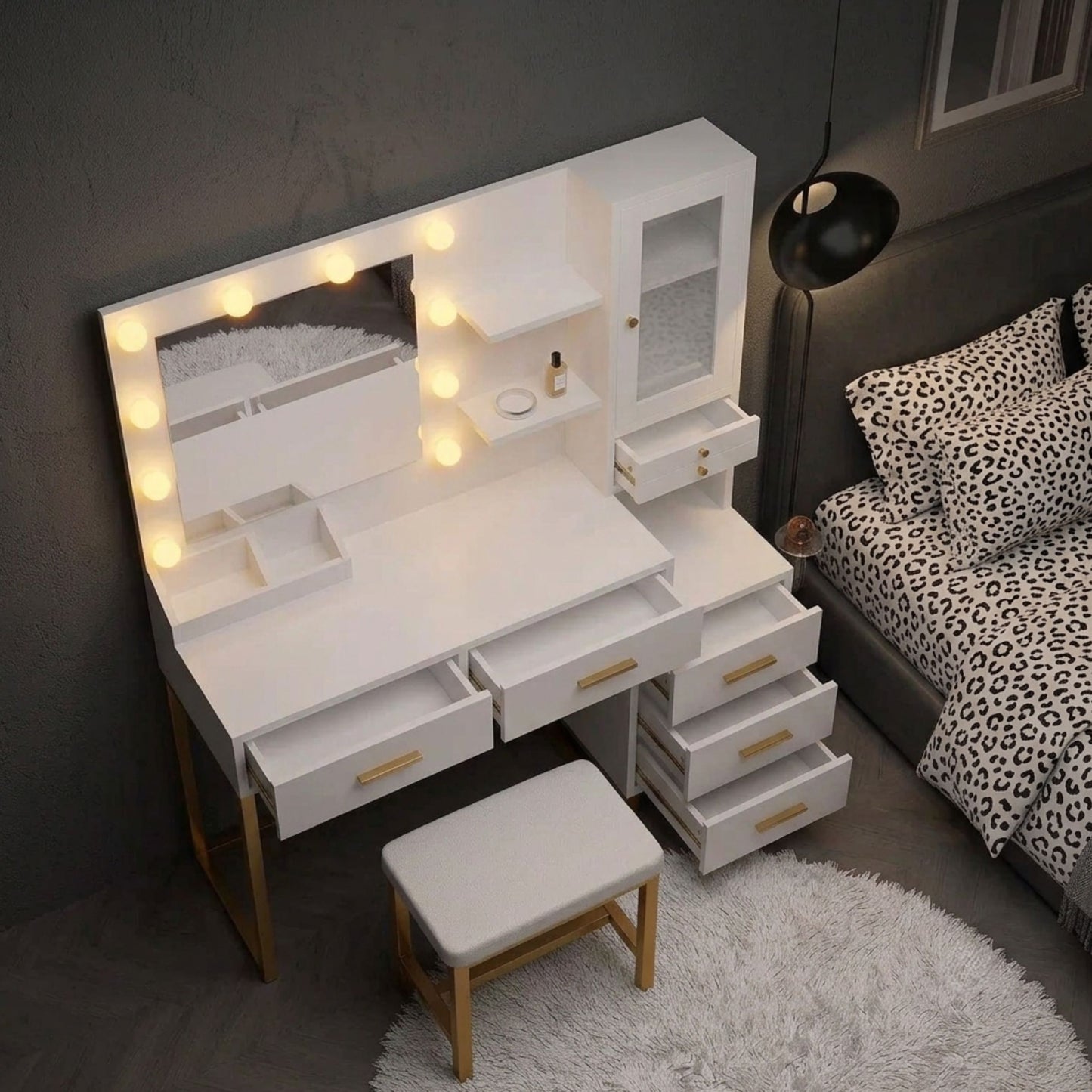 White & Gold Makeup Vanity Desk with Lighted Mirror, Jewelry Organizer & Stool