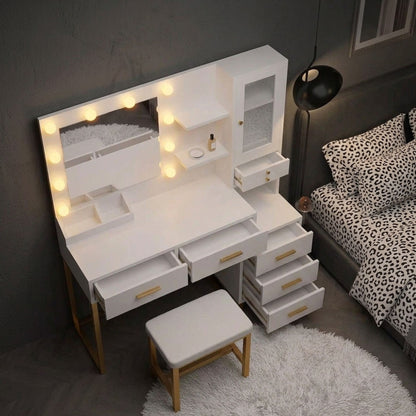 White & Gold Makeup Vanity Desk with Lighted Mirror, Jewelry Organizer & Stool