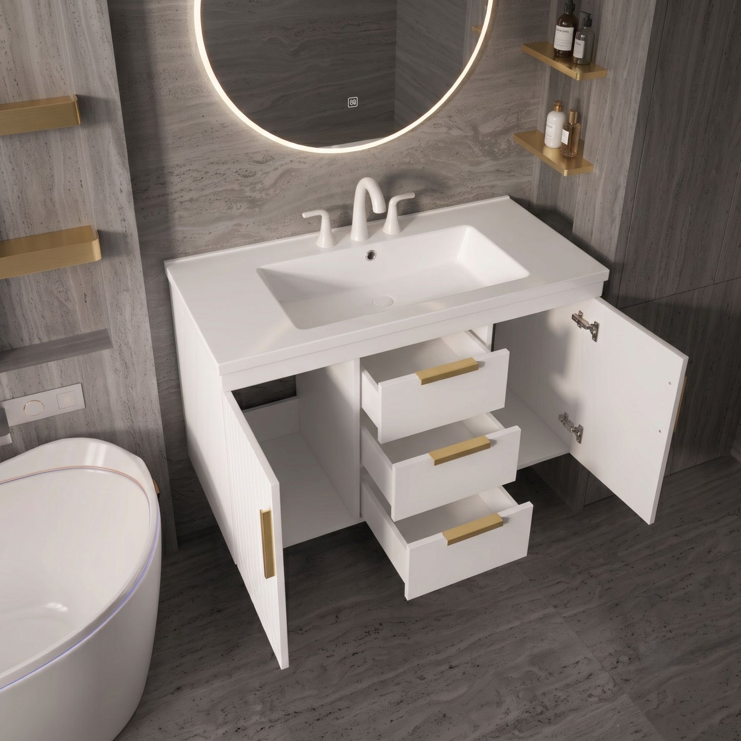 Floating Bathroom Vanity with Resin Sink Combo & Gold Hardware