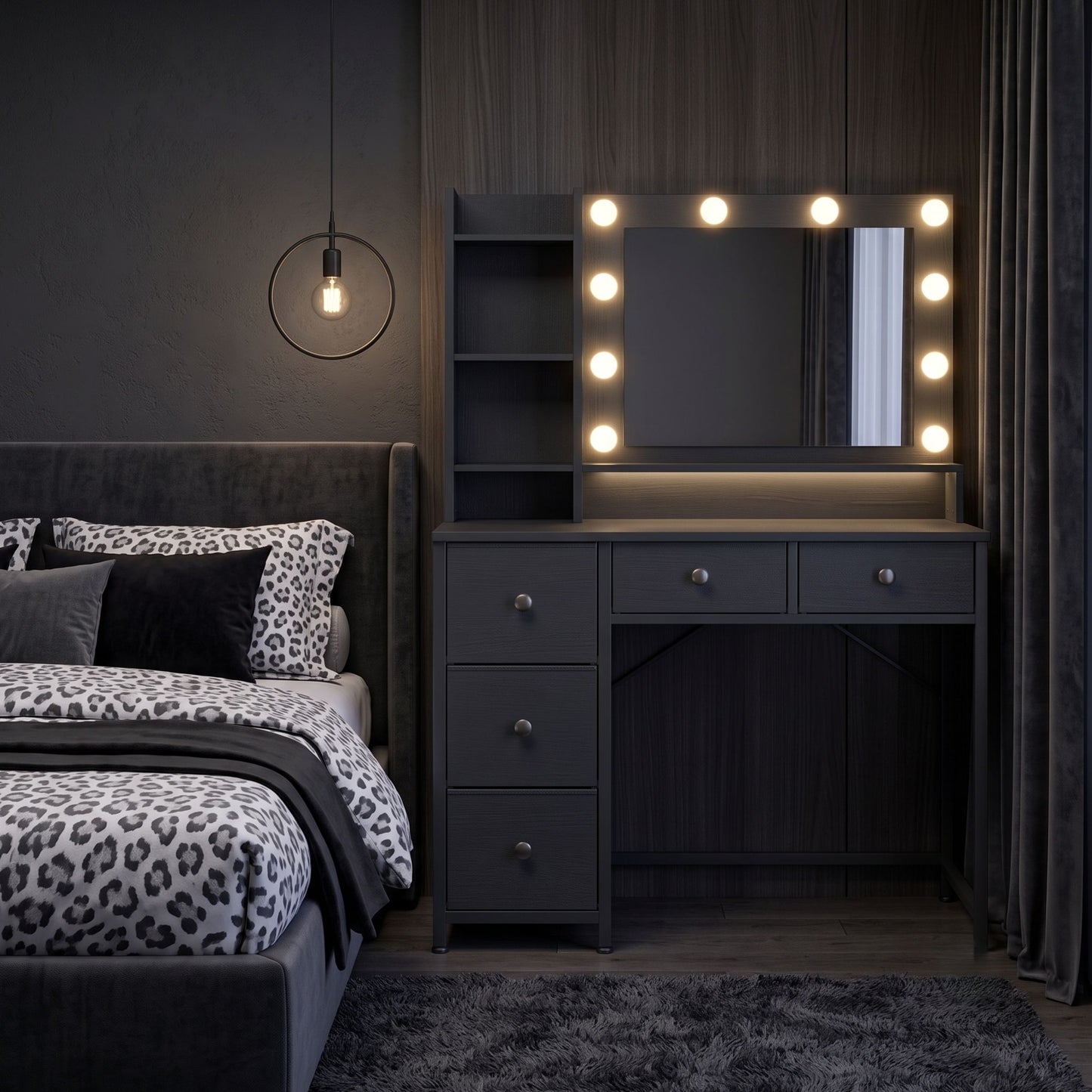 Vanity Dresser with 3-Color Dimming LED Mirror, 5 Storage Drawers & Hair Dryer Holder