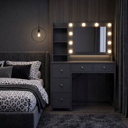 Vanity Dresser with 3-Color Dimming LED Mirror, 5 Storage Drawers & Hair Dryer Holder