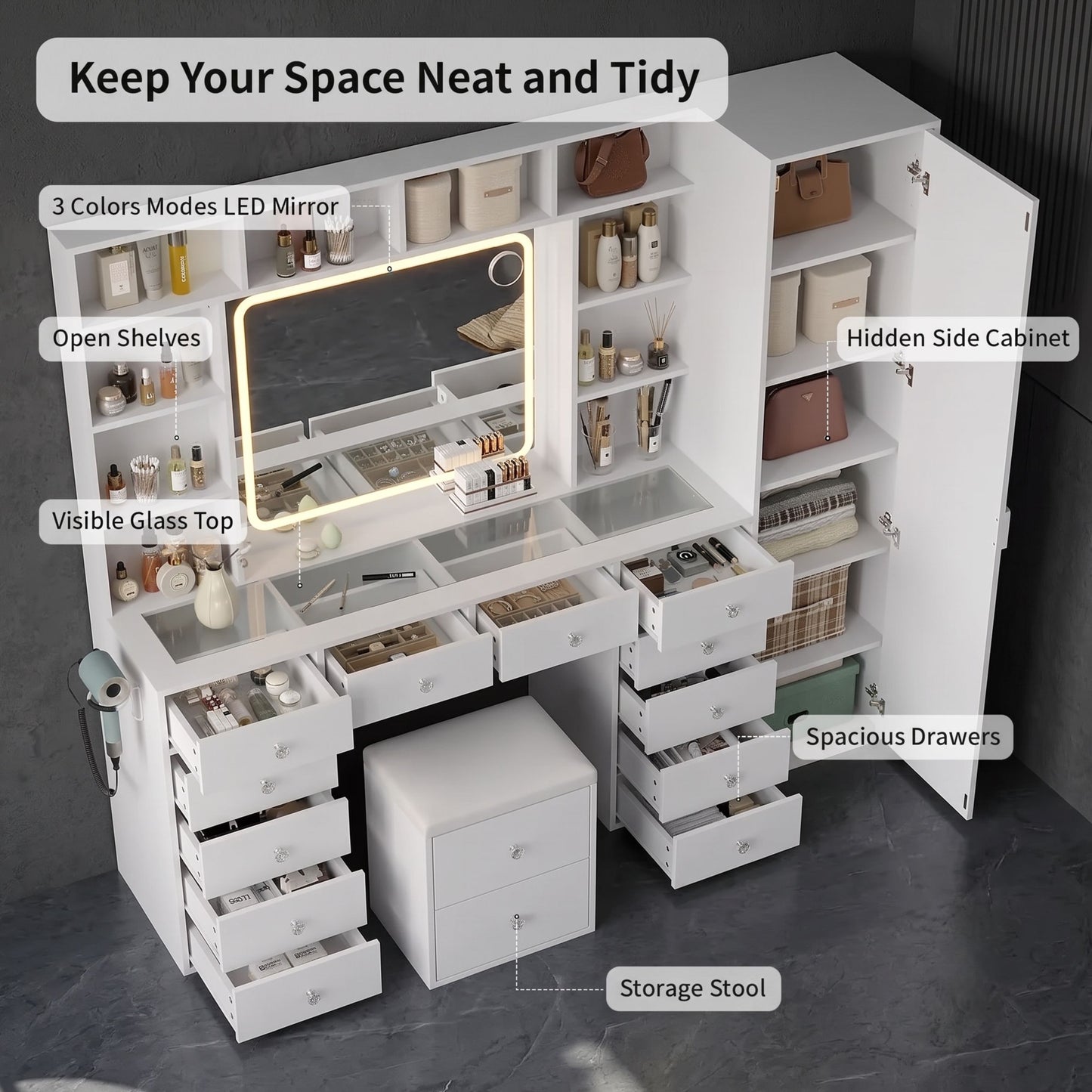 White LED Makeup Vanity Desk With 14 Drawers, Glass Top & Lighted Wardrobe