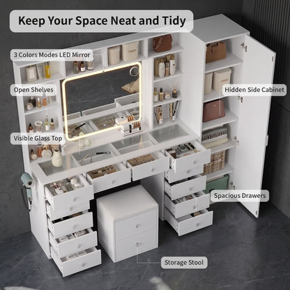 White LED Makeup Vanity Desk With 14 Drawers, Glass Top & Lighted Wardrobe