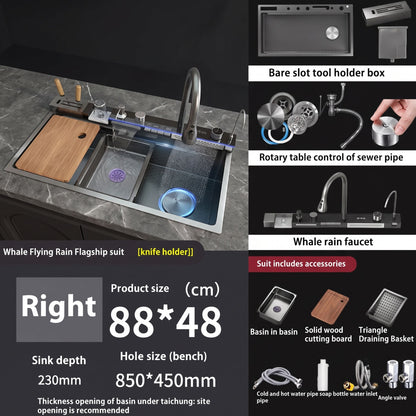 Multifunctional Stainless Steel Kitchen Sink with Waterfall Faucet & Digital Display