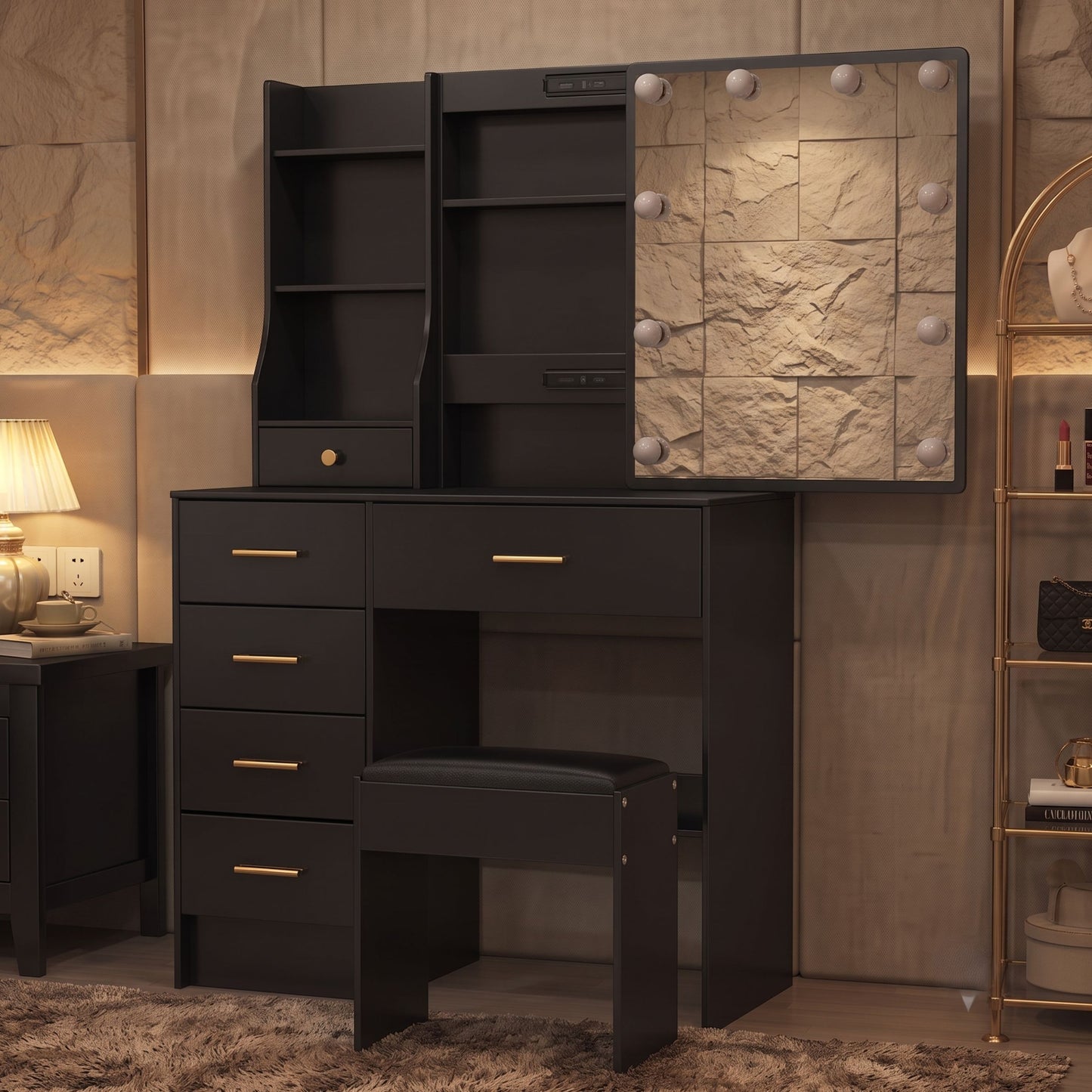 Black Makeup Vanity Dressing Table Set with Stool, Hidden Shelves, & Sliding Mirror