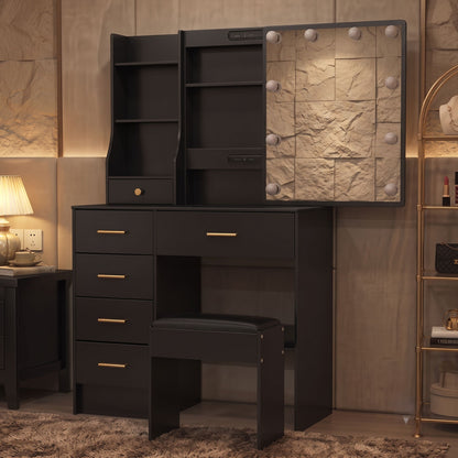 Black Makeup Vanity Dressing Table Set with Stool, Hidden Shelves, & Sliding Mirror