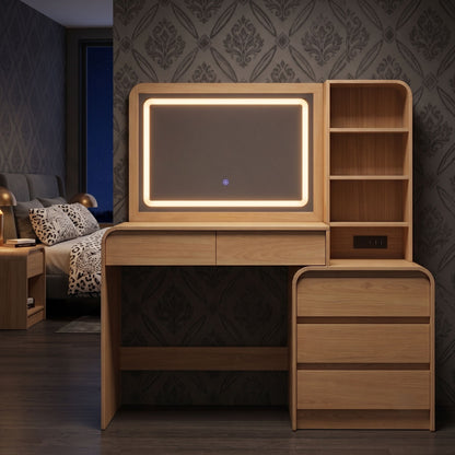 Minimalist Wooden Vanity Desk with Lighted LED Mirror & Charging Station