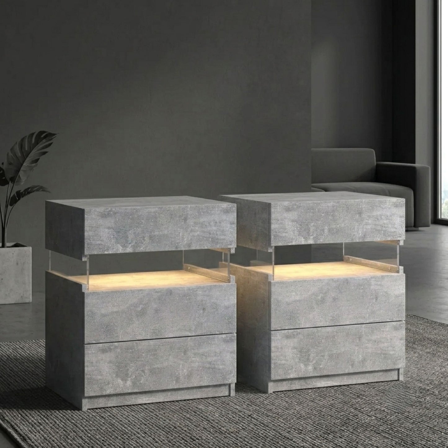 Modern 2-Set Nightstands with Integrated LED Lighting & Floating Shelf Design