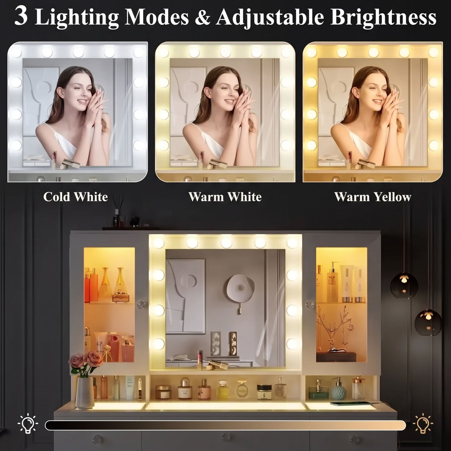 Makeup Vanity Desk with Mirror and RGB Lights, White Glass Top Vanity with Power Outlet & 4 Lighted Cabinets