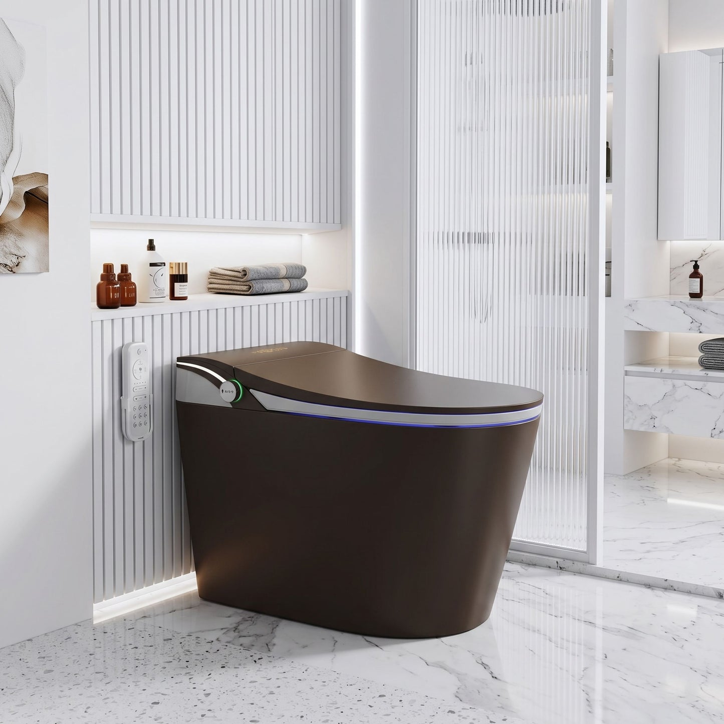 Brown Smart Tankless Toilet With Dual Flush & Bidet Combo
