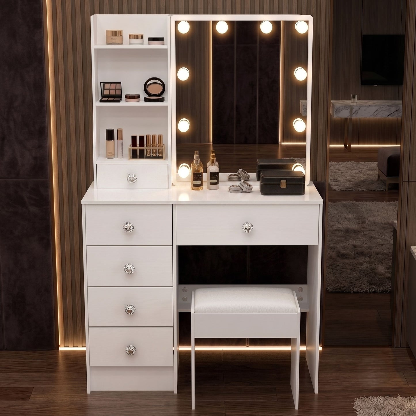 White LED Makeup Vanity Set With Sliding Mirror, 6 Drawers & Padded Stool