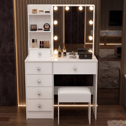 White LED Makeup Vanity Set With Sliding Mirror, 6 Drawers & Padded Stool