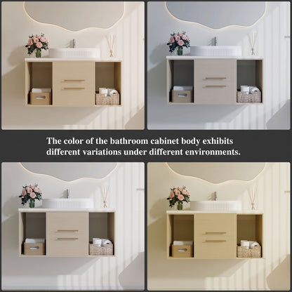 Modern Wall-Mounted Floating Bathroom Vanity with Fluted Oval Vessel Sink