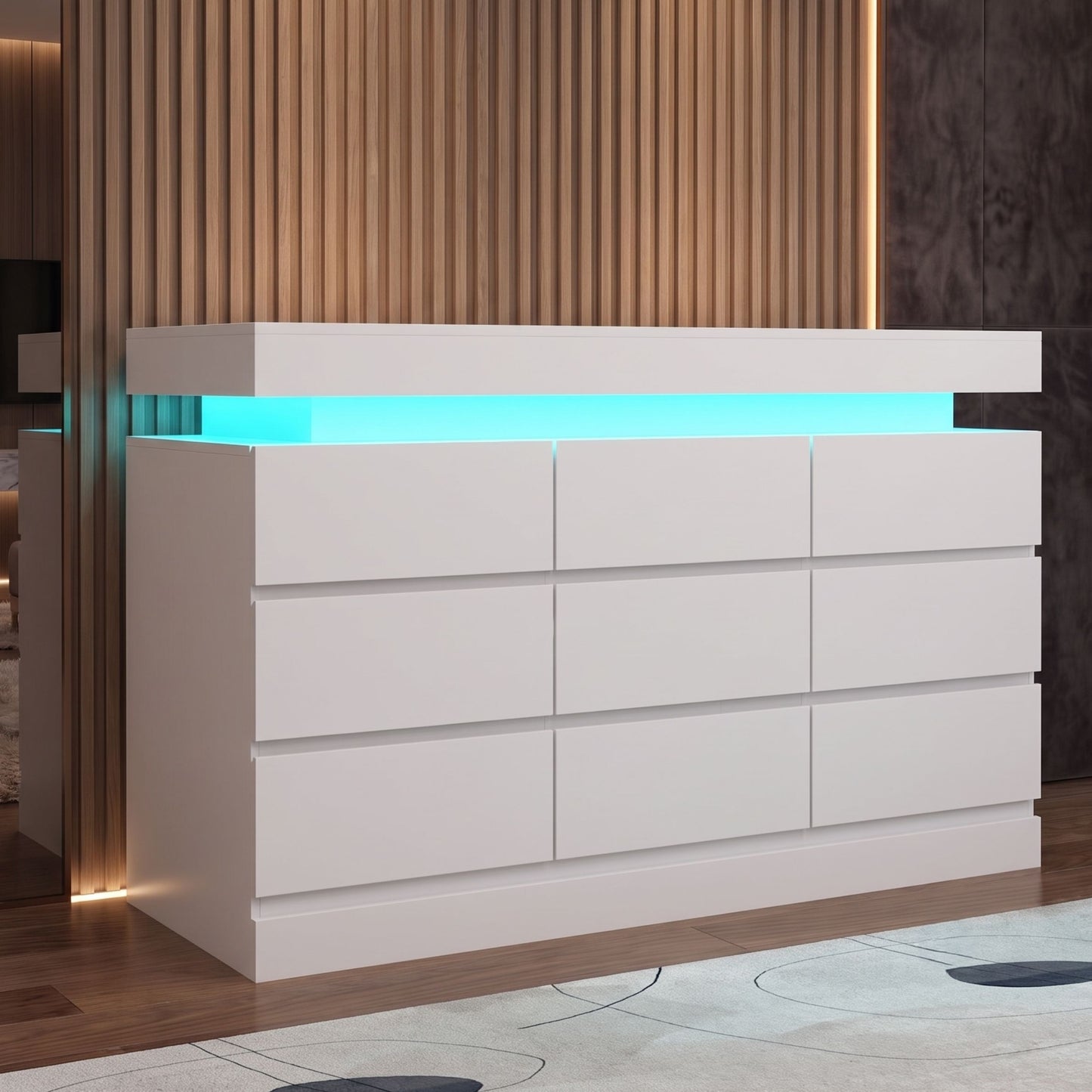 Minimalist 9 Drawer Dresser with LED Lights & Charging Station