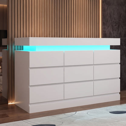 Minimalist 9 Drawer Dresser with LED Lights & Charging Station