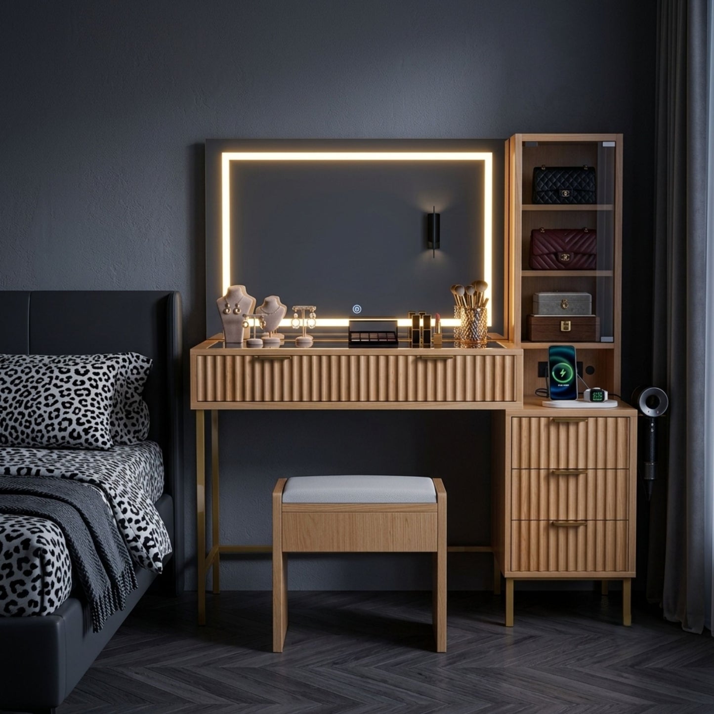 Modern Oak Makeup Vanity Desk with Lighted LED Mirror & Charging Station