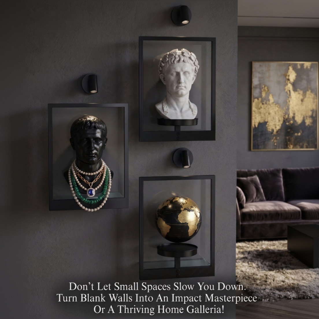 Decorative wall art with sculptures and text in a modern living room.
