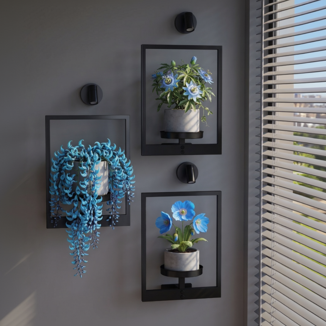 Three wall-mounted planters with blue flowers on a gray wall.