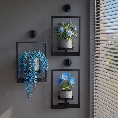 Three wall-mounted planters with blue flowers on a gray wall.
