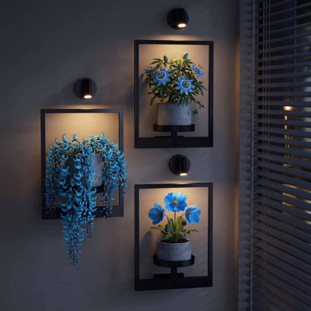 Three framed pictures of blue flowers on a dark wall with lights.