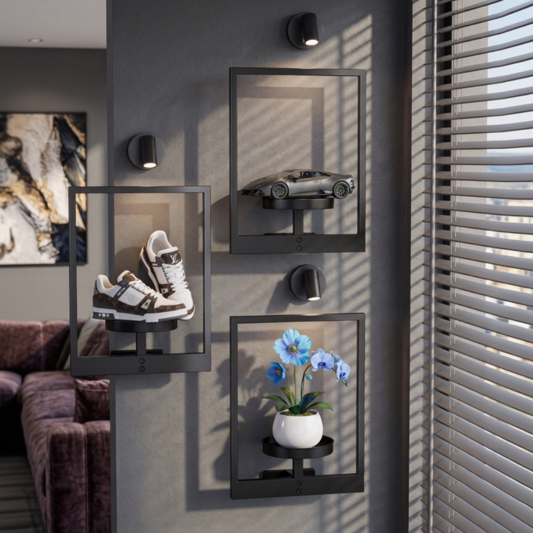Modern wall art display with framed items including shoes, a car model, and a plant on a gray wall.