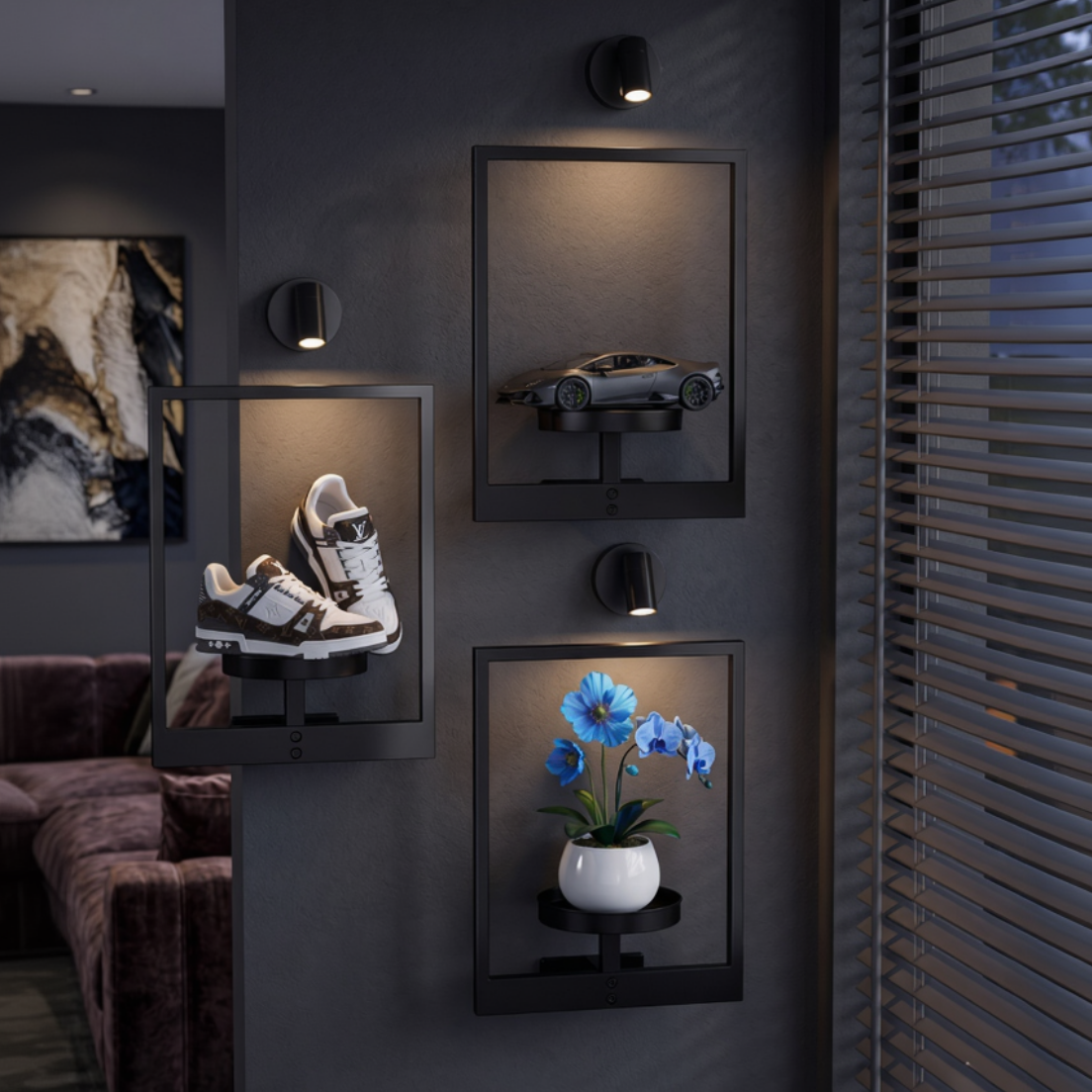 Modern interior with framed pictures of shoes, a car, and flowers on a dark wall.