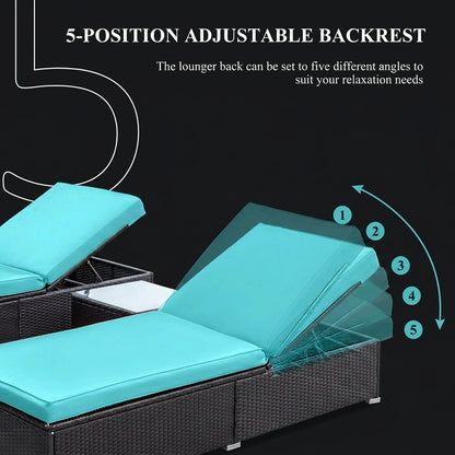 Sunbed Recliner Pair with Tempered Glass Side-Table & Thick Cushions | 3-Piece Lounger Set