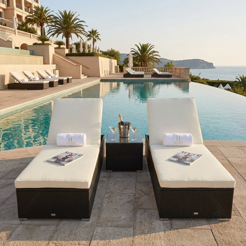 Sunbed Recliner Pair with Tempered Glass Side-Table & Thick Cushions | 3-Piece Lounger Set