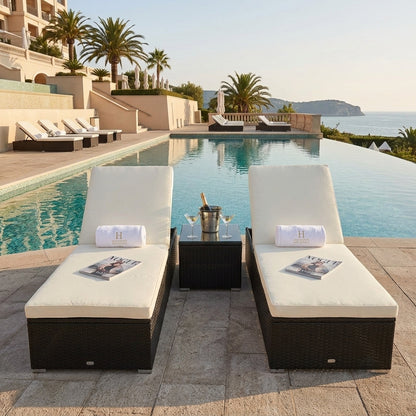 Sunbed Recliner Pair with Tempered Glass Side-Table & Thick Cushions | 3-Piece Lounger Set