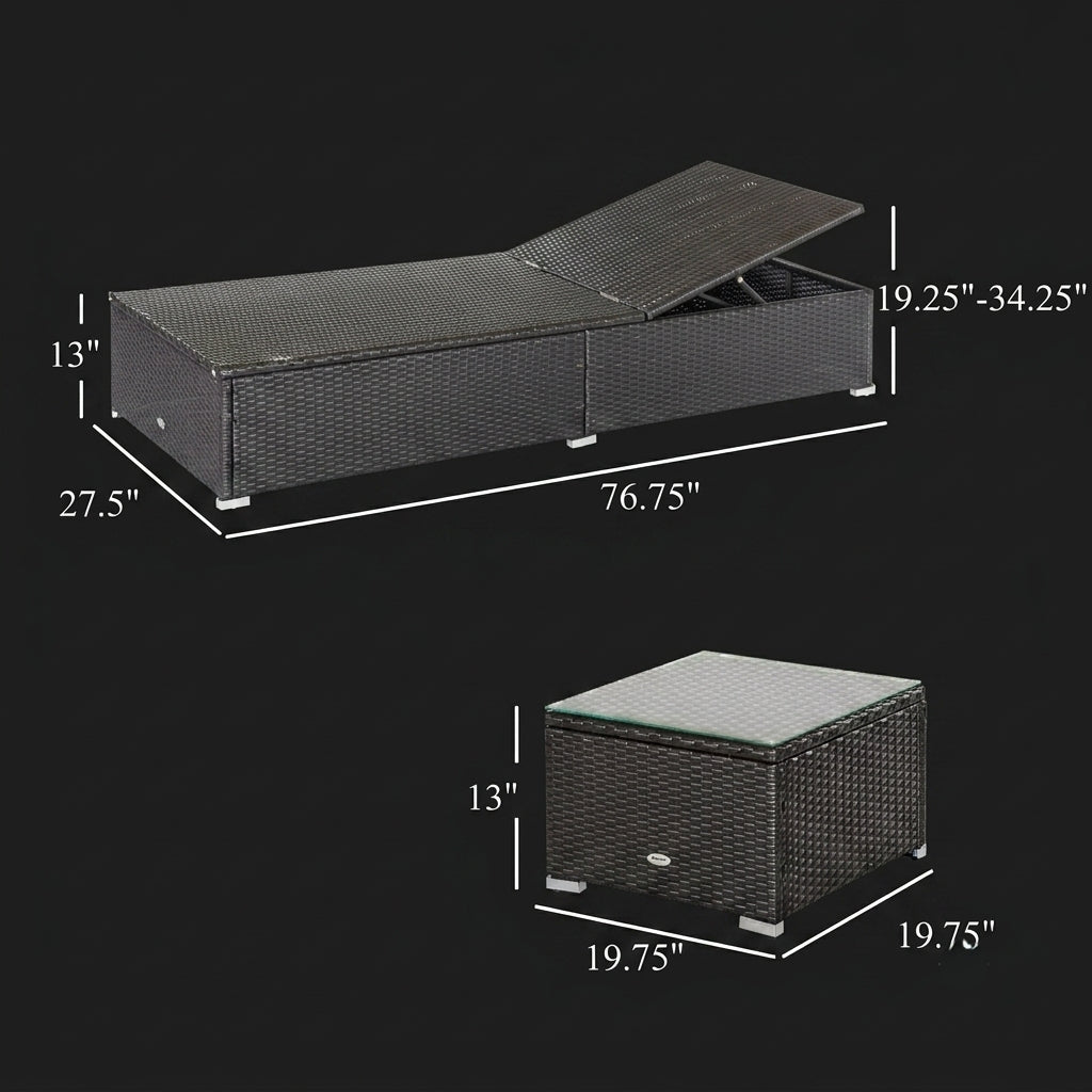 Sunbed Recliner Pair with Tempered Glass Side-Table & Thick Cushions | 3-Piece Lounger Set