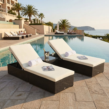 Sunbed Recliner Pair with Tempered Glass Side-Table & Thick Cushions | 3-Piece Lounger Set
