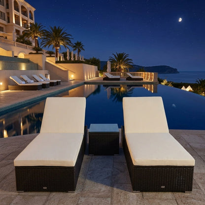 Sunbed Recliner Pair with Tempered Glass Side-Table & Thick Cushions | 3-Piece Lounger Set
