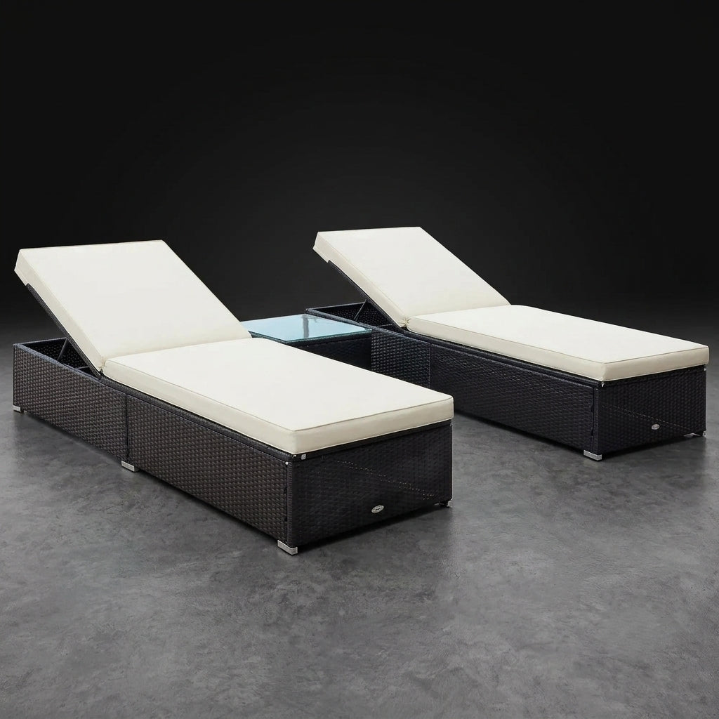 Sunbed Recliner Pair with Tempered Glass Side-Table & Thick Cushions | 3-Piece Lounger Set