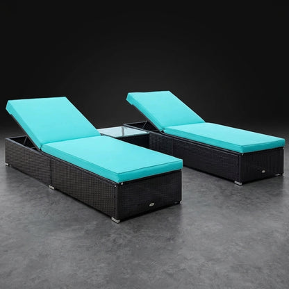 Sunbed Recliner Pair with Tempered Glass Side-Table & Thick Cushions | 3-Piece Lounger Set