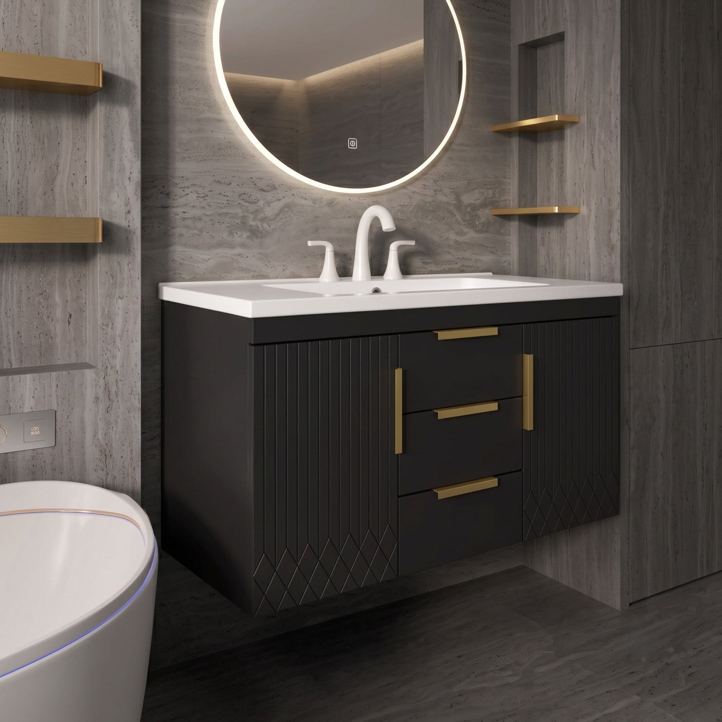 Floating Bathroom Vanity with Resin Sink Combo & Gold Hardware