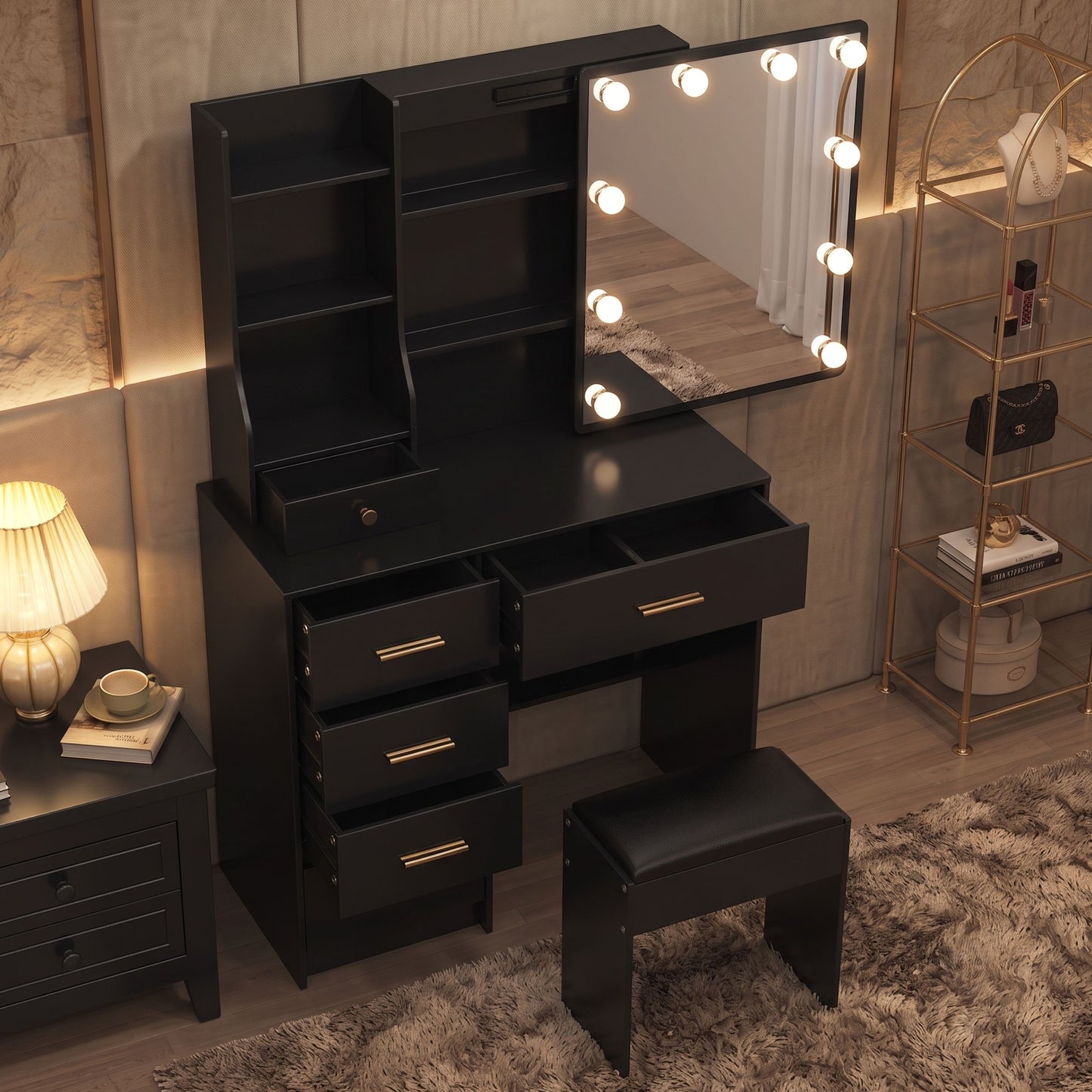 Black Makeup Vanity Dressing Table Set with Stool, Hidden Shelves, & Sliding Mirror