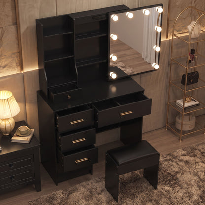 Black Makeup Vanity Dressing Table Set with Stool, Hidden Shelves, & Sliding Mirror